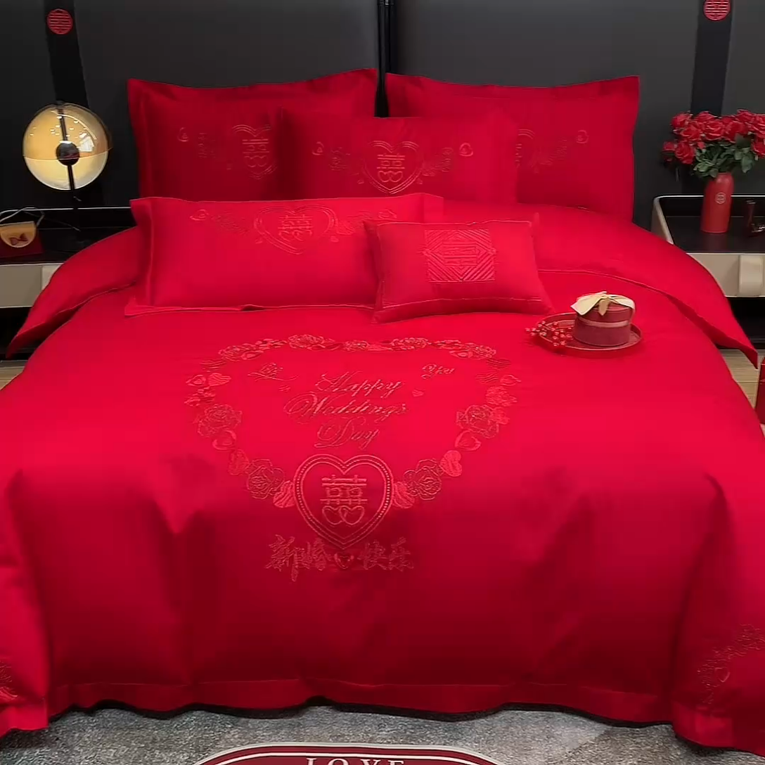 91家纺网 家纺一手货源 找家纺 晶缦家纺 2025新款喷气全棉13376婚庆绣花四件套 新婚快乐-红