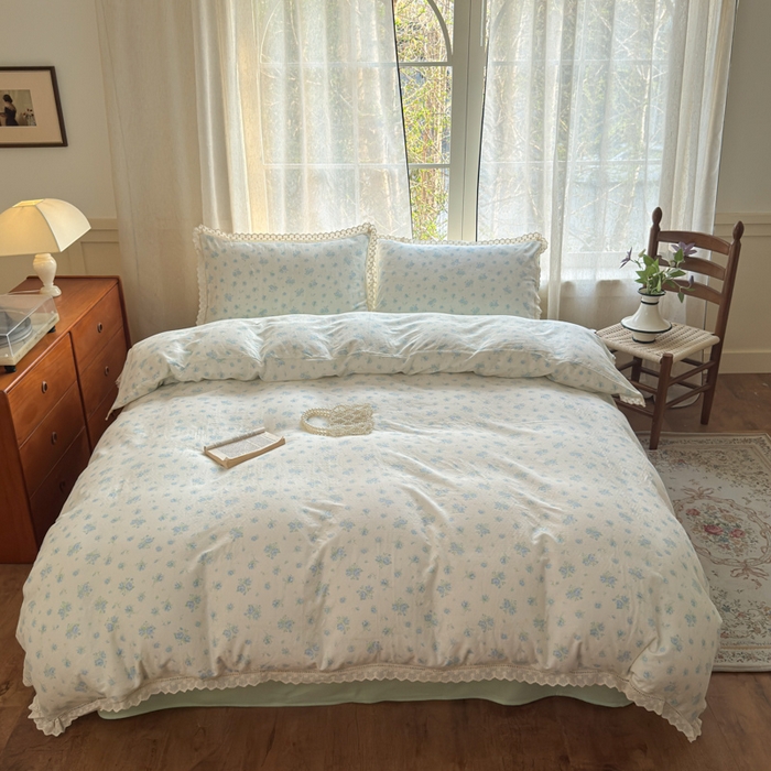 91家纺网 家纺一手货源 找家纺 曼之夏 2025新款A类全棉双层纱花边四件套 观夏