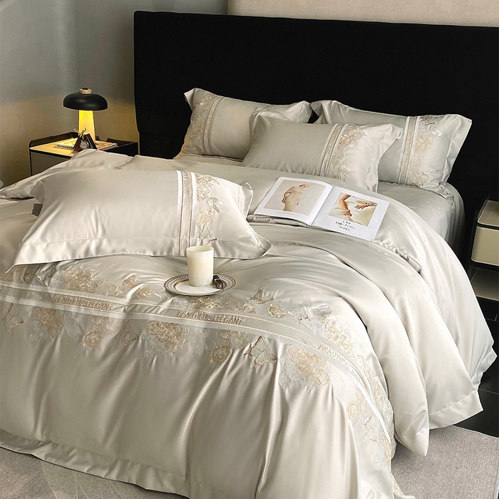 91家纺网 家纺一手货源 找家纺 优悦 2025新款冰丝简奢绣花四件套 巴黎旧梦-绿