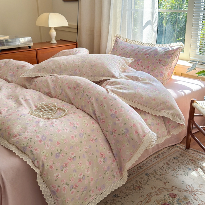 91家纺网 家纺一手货源 找家纺 曼之夏 2025新款A类全棉双层纱花边四件套 晚香玉