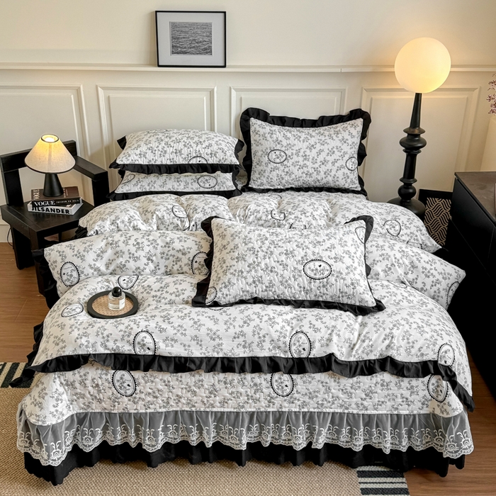 91家纺网 家纺一手货源 找家纺 绣女坊 2025新款时尚印花水洗棉被套款床盖四件套-赫本风 赫本风-花艺