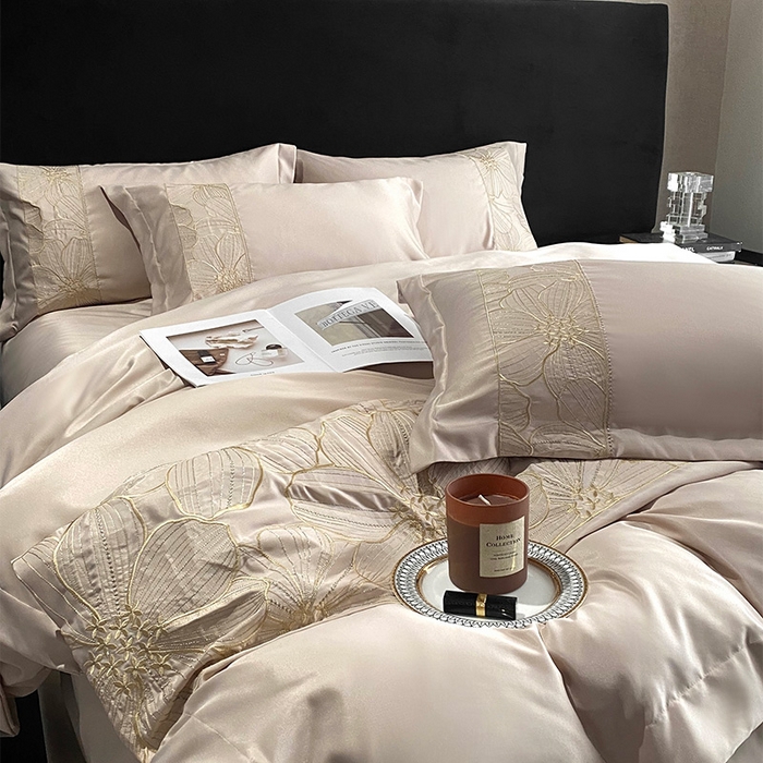 91家纺网 家纺一手货源 找家纺 优悦 2025新款冰丝简奢绣花四件套 北欧情调-香槟