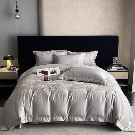 优悦 2025新款冰丝简奢绣花四件套 北欧情调-灰