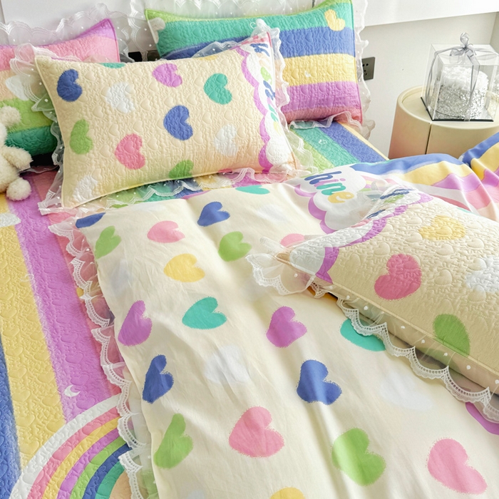 91家纺网 家纺一手货源 找家纺 添越 2024新款雪纺蕾丝款纯棉床盖四件套小彩虹