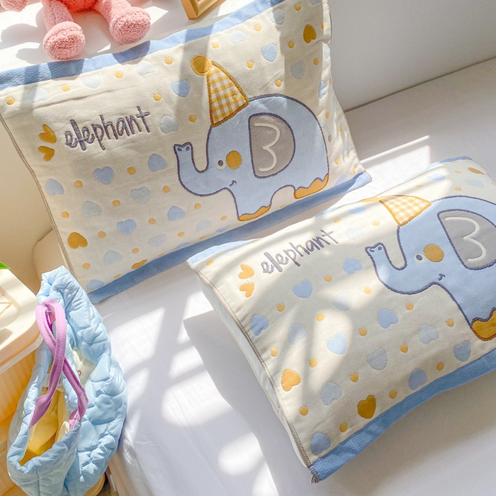 91家纺网 家纺一手货源 找家纺 美宜家 2025新款40*60儿童纯棉A类纱布枕巾乳胶专用高档枕巾 小象乐园 一对