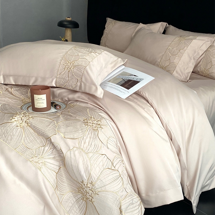 91家纺网 家纺一手货源 找家纺 优悦 2025新款冰丝简奢绣花四件套 北欧情调-香槟