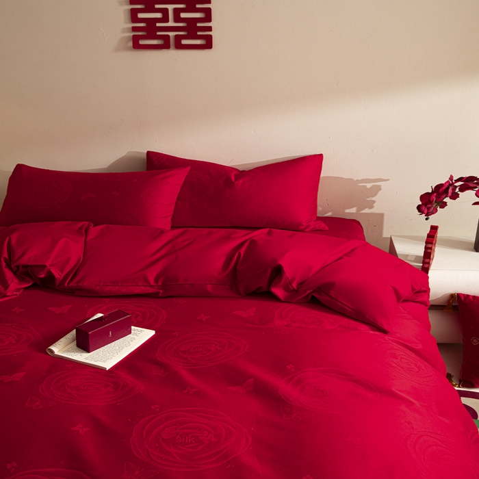 91家纺网 家纺一手货源 找家纺 琪格格纺织 2025新款纯棉婚庆四件套结婚用品提花简约婚庆 花繁锦绣