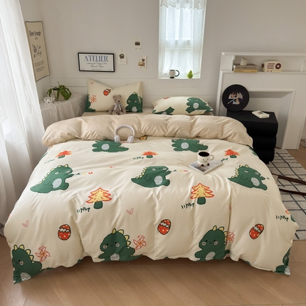 可可家纺 2025新款印花卡通芦荟棉四件套亲肤床单被套三件套 恐龙宝宝