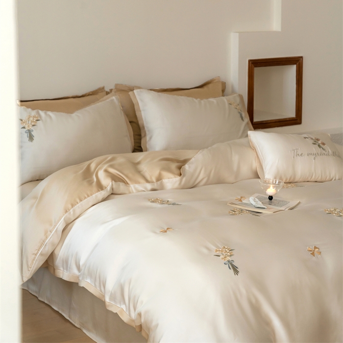 91家纺网 家纺一手货源 找家纺 FORTWO家纺原创设计（FOR TWO家纺） 2025新款60支兰精天丝毛巾绣四件套-断角款 小确幸