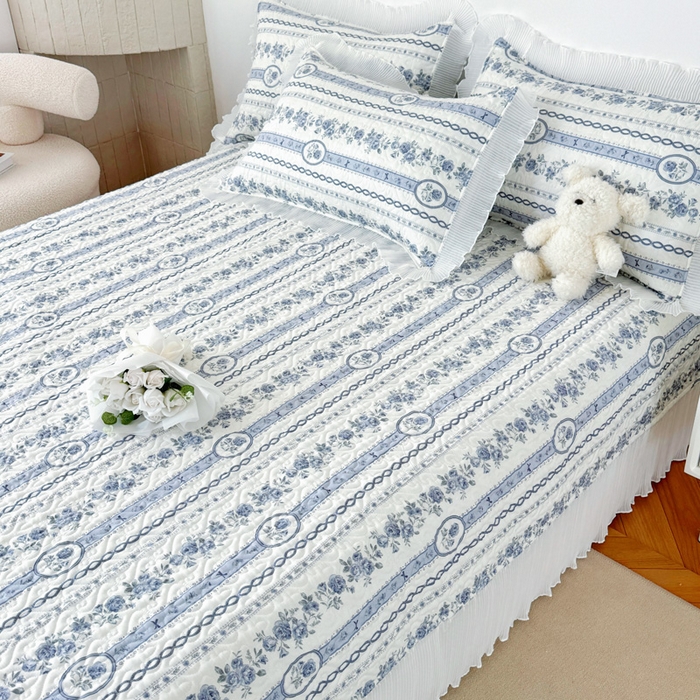 91家纺网 家纺一手货源 找家纺 添越 2024小清新韩版蕾丝花边纯棉夹棉床盖三件套全棉静若幽兰