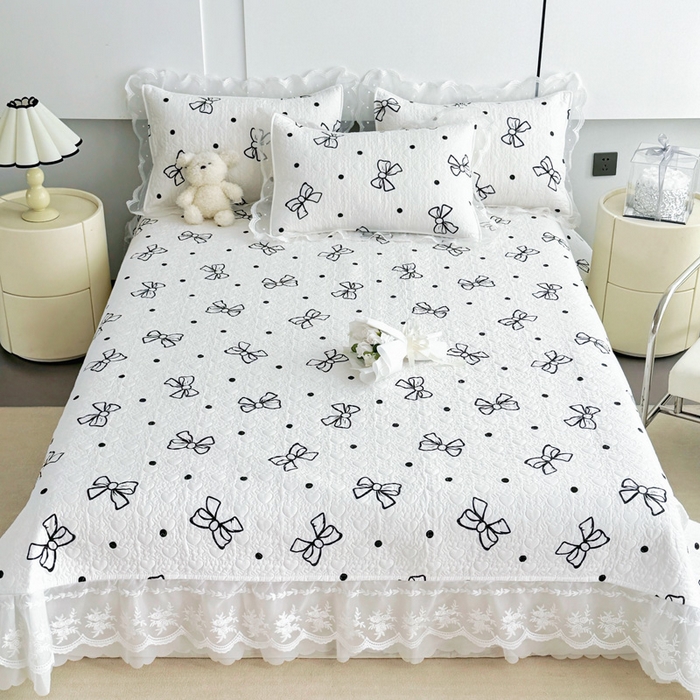 91家纺网 家纺一手货源 找家纺 添越 2024新款雪纺蕾丝款纯棉床盖四件套白色蝴蝶结
