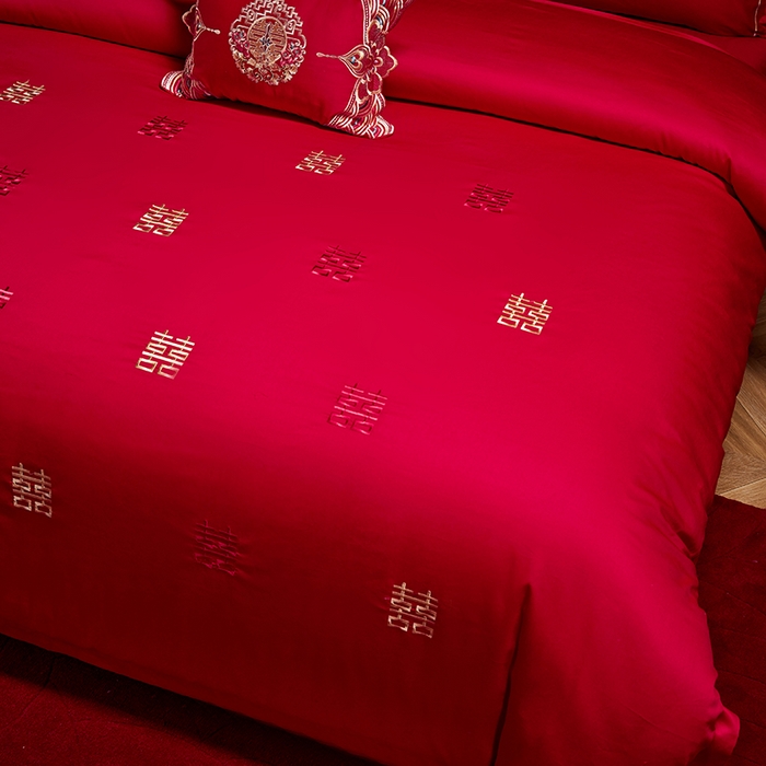 91家纺网 家纺一手货源 找家纺 晶缦家纺 2025新款喷气全棉13376婚庆绣花四件套 吾家有喜