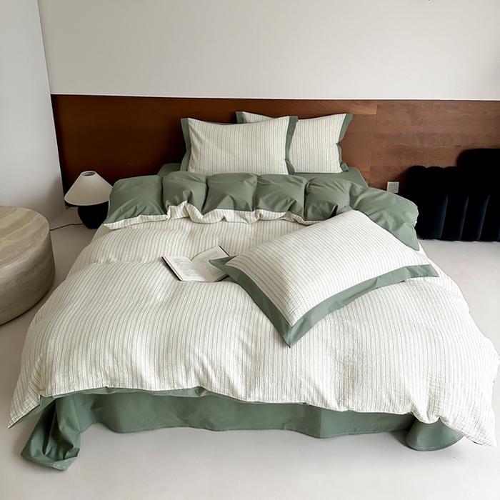 91家纺网 家纺一手货源 找家纺 旷野2025新款全棉纯棉A类婴幼儿级双层纱皱皱纱四件套 理想三旬-绿