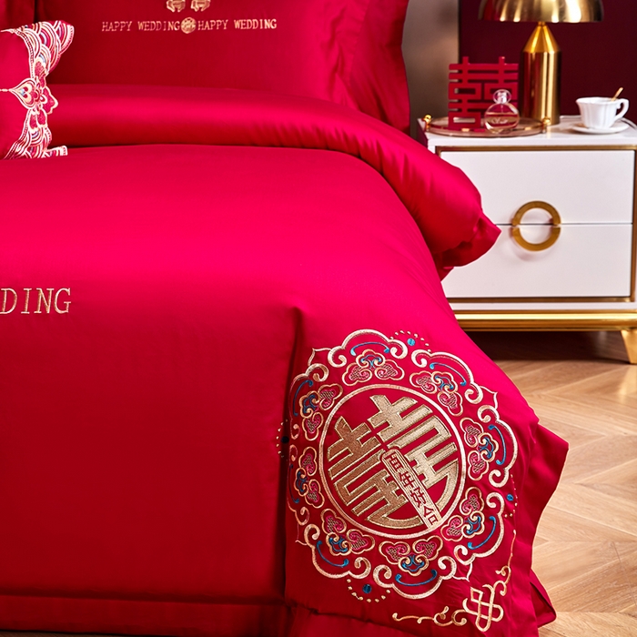 91家纺网 家纺一手货源 找家纺 晶缦家纺 2025新款喷气全棉13376婚庆绣花四件套 百年好合