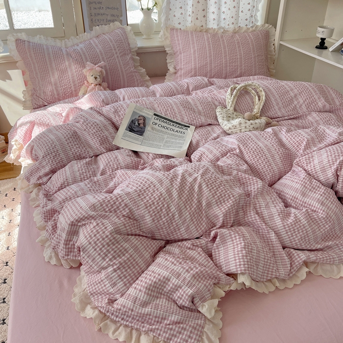 91家纺网 家纺一手货源 找家纺 （总）轻奢坊 2025新款色织提花格子水洗棉仙仙花边安妮四件套