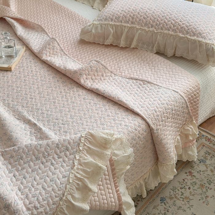 91家纺网 家纺一手货源 找家纺 淑女公社家纺  2025春夏新款法式纯棉双层纱夏被床盖四件套 粉黛