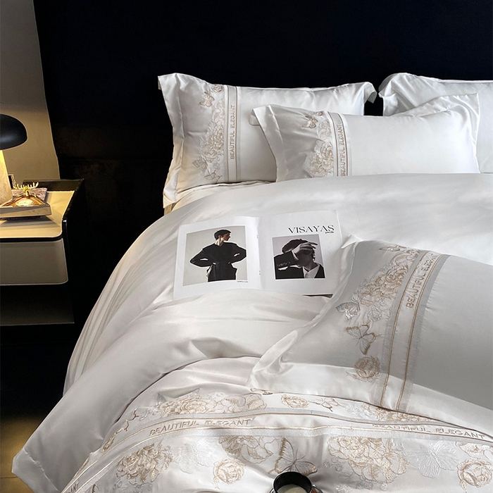 91家纺网 家纺一手货源 找家纺 优悦 2025新款冰丝简奢绣花四件套 巴黎旧梦-白