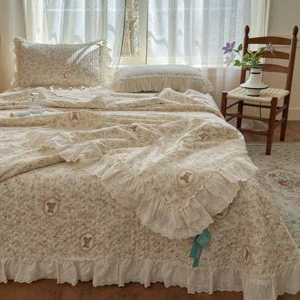 淑女公社家纺  2025春夏新款法式纯棉双层纱夏被床盖四件套 春日熊仔