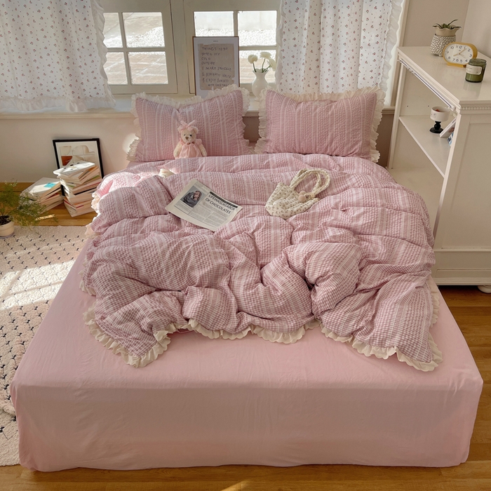 91家纺网 家纺一手货源 找家纺 （总）轻奢坊 2025新款色织提花格子水洗棉仙仙花边安妮四件套