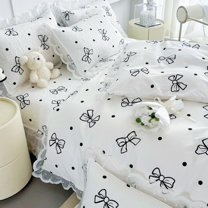 91家纺网 家纺一手货源 找家纺 添越 2024新款雪纺蕾丝款纯棉床盖四件套白色蝴蝶结