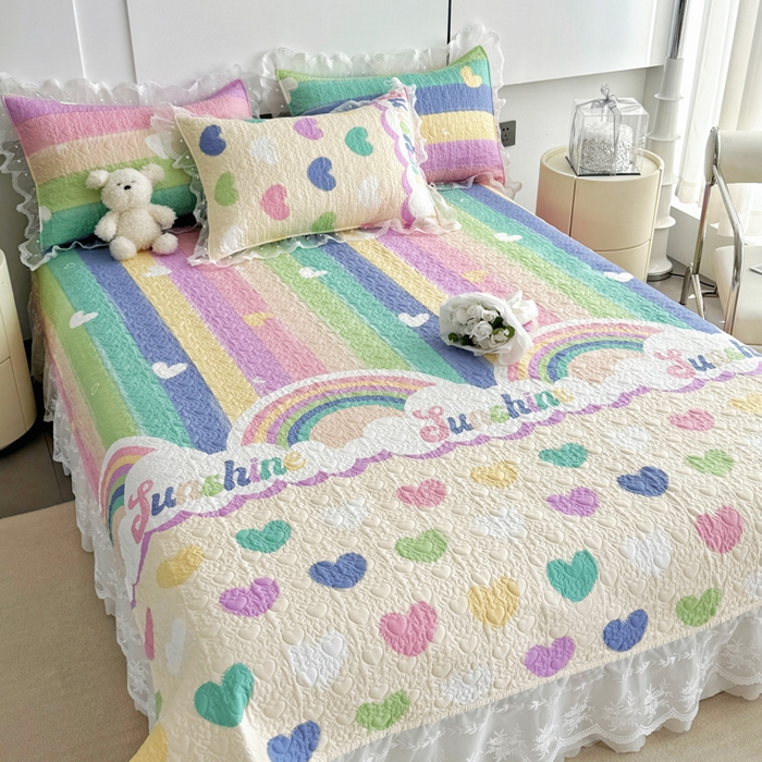 91家纺网 家纺一手货源 找家纺 添越 2024新款雪纺蕾丝款纯棉床盖四件套小彩虹