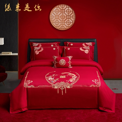 晶缦家纺 2025新款喷气全棉13376婚庆绣花四件套 缘来是你