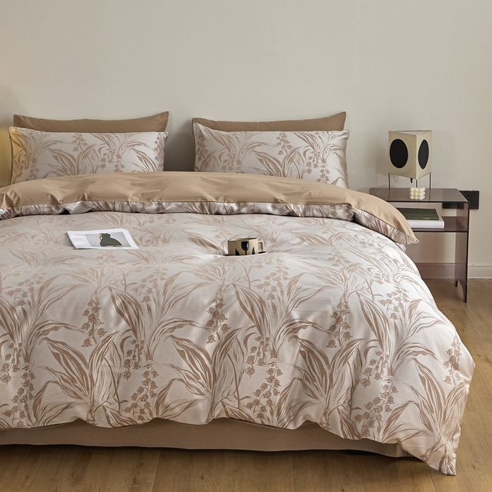 91家纺网 家纺一手货源 找家纺 琪格格纺织  2025新款色织天丝棉提花四件套 风铃草-咖