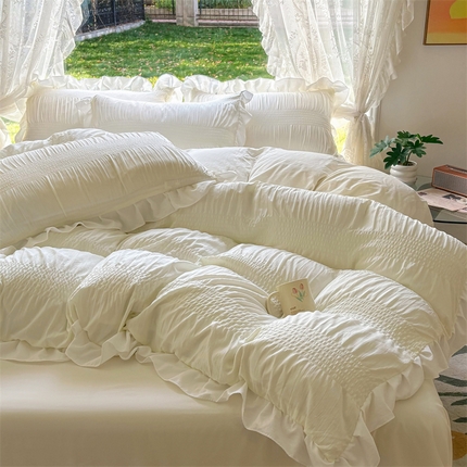 灰鲸2025新款泡泡纱公主风花边款四件套 泡泡纱花边款-奶昔白+奶油白