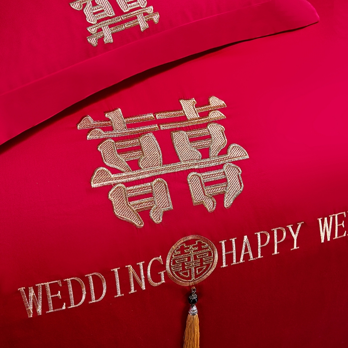 91家纺网 家纺一手货源 找家纺 （总）2025新款喷气全棉13376纯棉刺绣花婚庆四件套/大红婚庆床上用品高档新中式