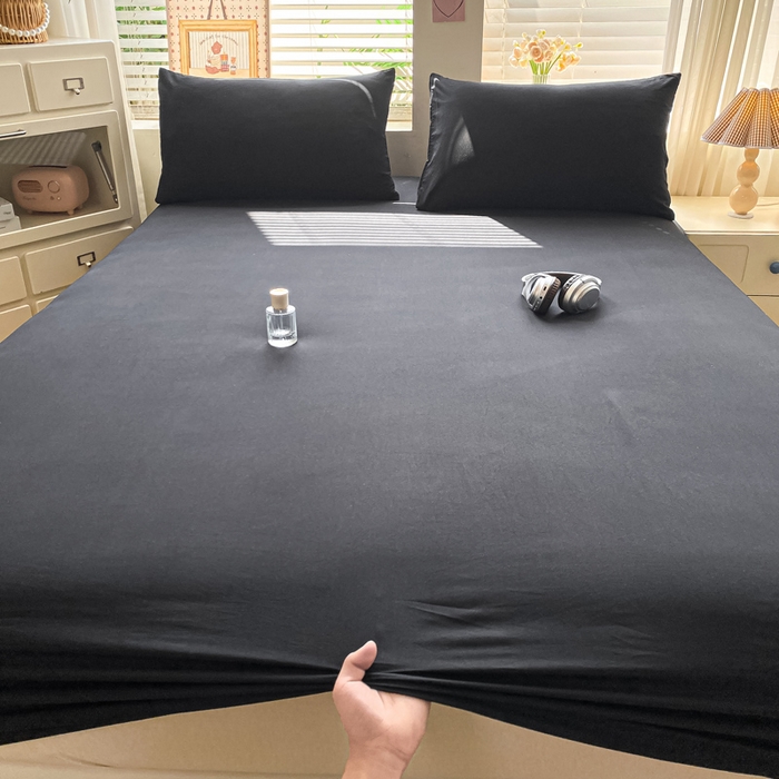 91家纺网 家纺一手货源 找家纺 芷凡家纺 2025新款水洗皱皱云感棉纯色床笠 酷黑
