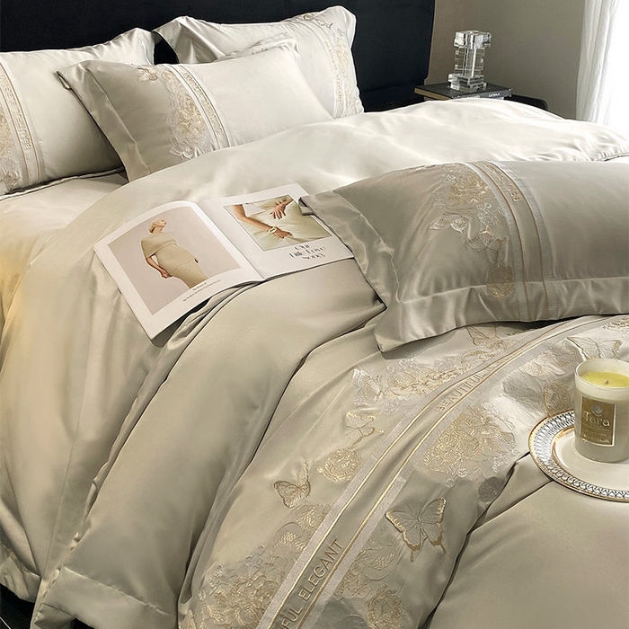 91家纺网 家纺一手货源 找家纺 优悦 2025新款冰丝简奢绣花四件套 巴黎旧梦-绿