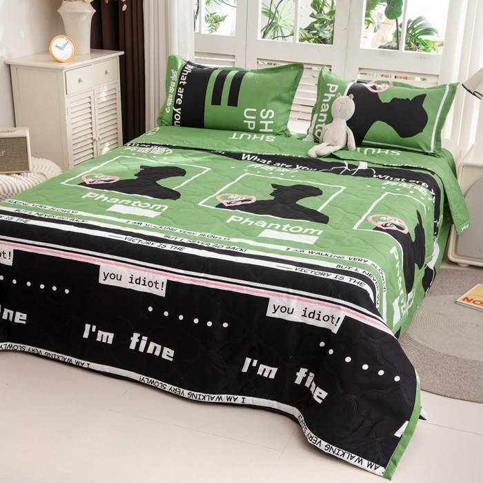 91家纺网 家纺一手货源 找家纺 乐居坊2025新款亲肤舒适印花芦荟棉夏凉被四件套 禁止蕉绿