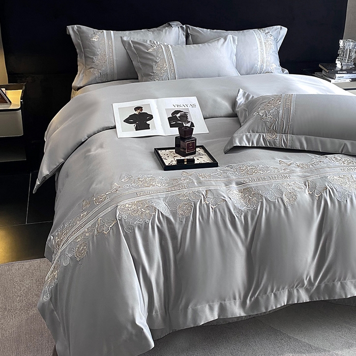 91家纺网 家纺一手货源 找家纺 优悦 2025新款冰丝简奢绣花四件套 巴黎旧梦-灰