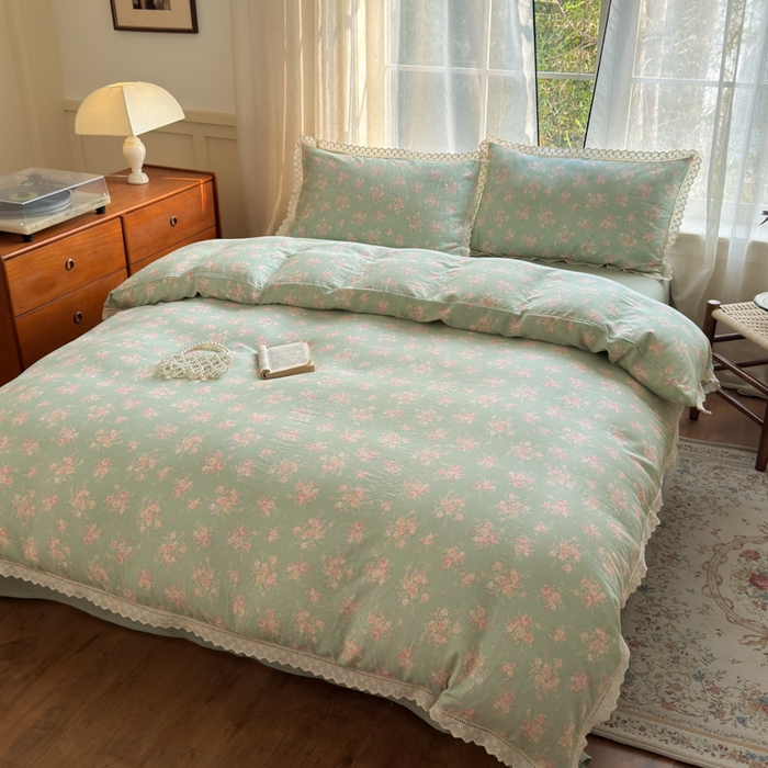 91家纺网 家纺一手货源 找家纺 曼之夏 2025新款A类全棉双层纱花边四件套 苏打绿