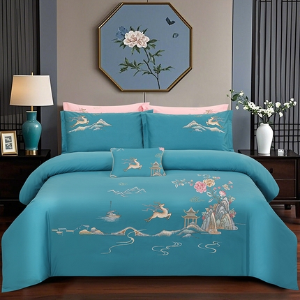 91家纺网 家纺一手货源 找家纺 浩情国际婚庆供货中心 2026新款100支全棉高端刺绣四件套一鹿常红系列 一鹿常红-孔雀绿