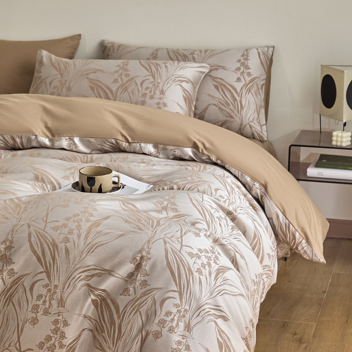 91家纺网 家纺一手货源 找家纺 琪格格纺织  2025新款色织天丝棉提花四件套 风铃草-咖