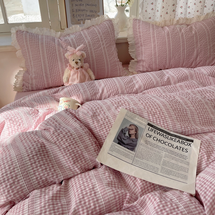 91家纺网 家纺一手货源 找家纺 （总）轻奢坊 2025新款色织提花格子水洗棉仙仙花边安妮四件套