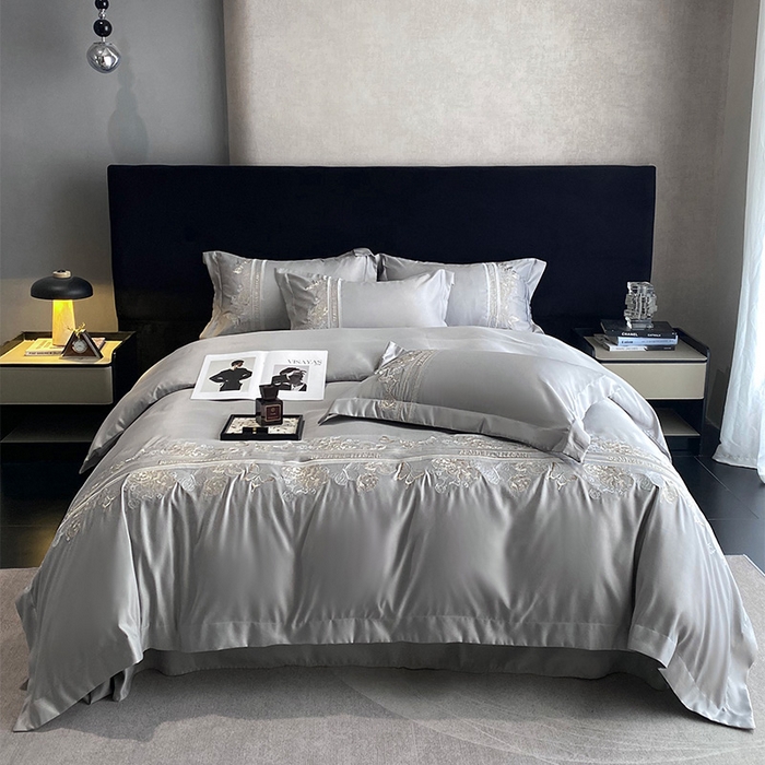 91家纺网 家纺一手货源 找家纺 优悦 2025新款冰丝简奢绣花四件套 巴黎旧梦-灰