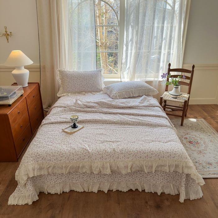 91家纺网 家纺一手货源 找家纺 淑女公社家纺  2025春夏新款法式纯棉双层纱夏被床盖四件套 悦颜 紫