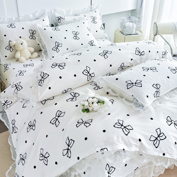 91家纺网 家纺一手货源 找家纺 添越 2024新款雪纺蕾丝款纯棉床盖四件套白色蝴蝶结