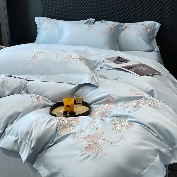 91家纺网 家纺一手货源 找家纺 优悦 2025新款冰丝简奢绣花四件套 雅韵佳人-蓝