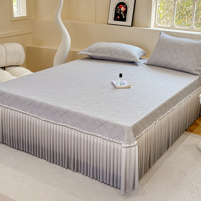 91家纺网 家纺一手货源 找家纺 棉生活家纺 2025新款高端款冰离子超软按摩凉席 方格-灰-床裙款