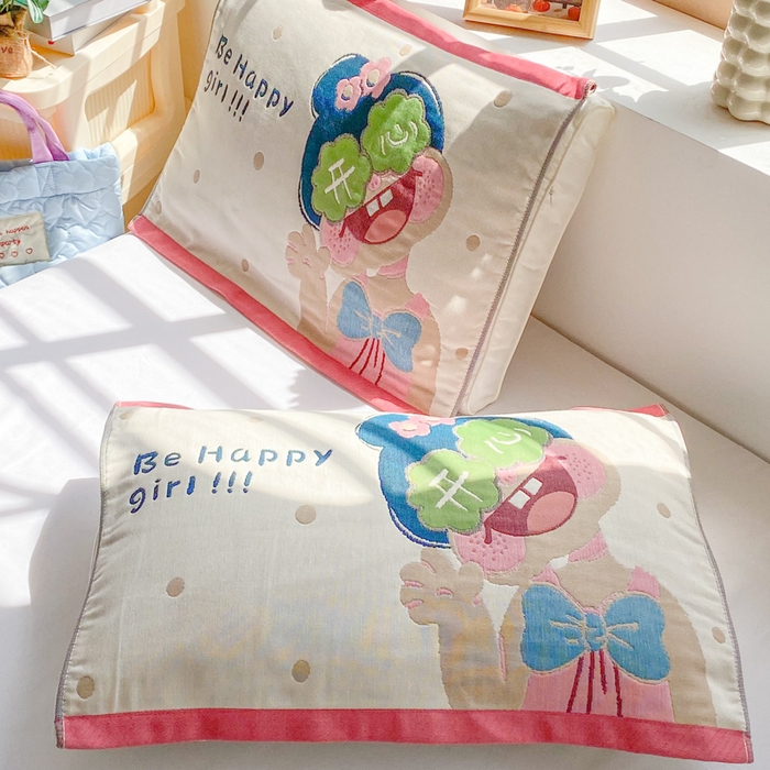 91家纺网 家纺一手货源 找家纺 美宜家 2025新款40*60儿童纯棉A类纱布枕巾乳胶专用高档枕巾 快乐 一只