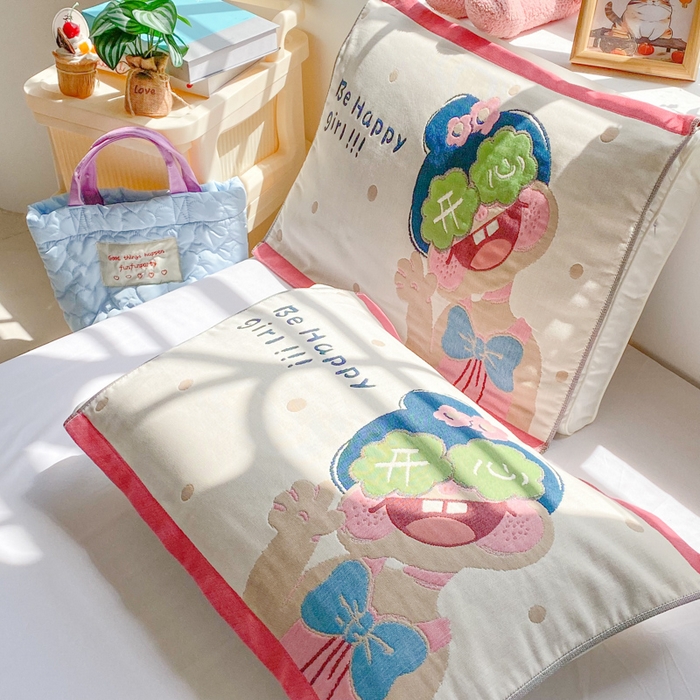 91家纺网 家纺一手货源 找家纺 美宜家 2025新款40*60儿童纯棉A类纱布枕巾乳胶专用高档枕巾 快乐 一只