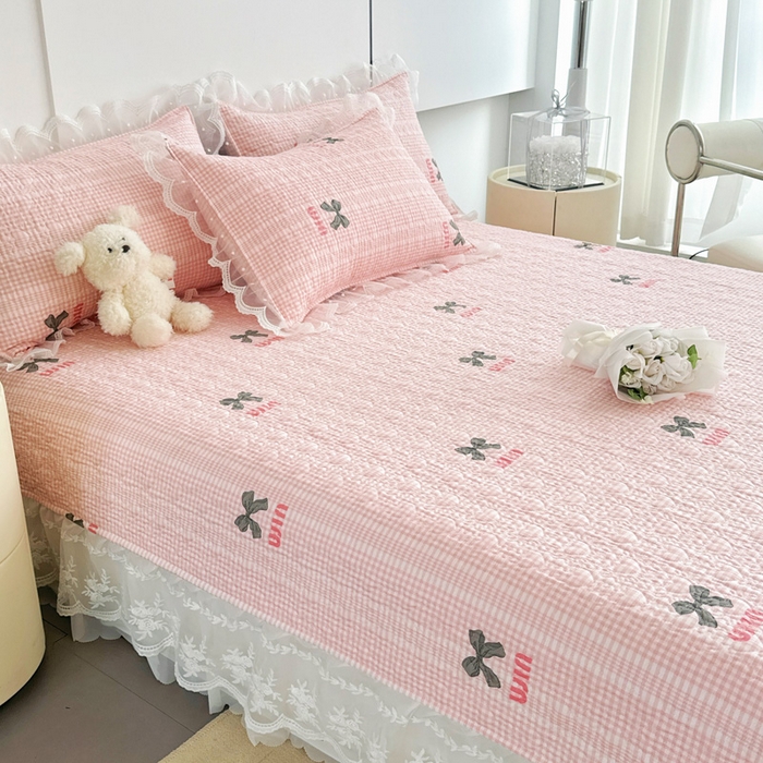 91家纺网 家纺一手货源 找家纺 添越 2024新款雪纺蕾丝款纯棉床盖四件套粉色蝴蝶结