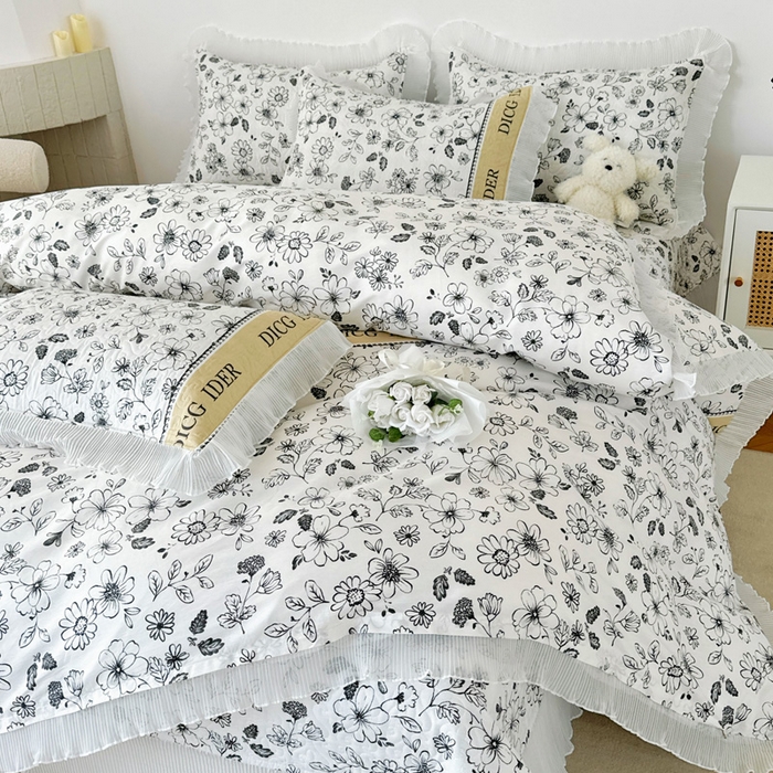 91家纺网 家纺一手货源 找家纺 添越 2024小清新韩版蕾丝花边纯棉夹棉床盖三件套全棉洛莉