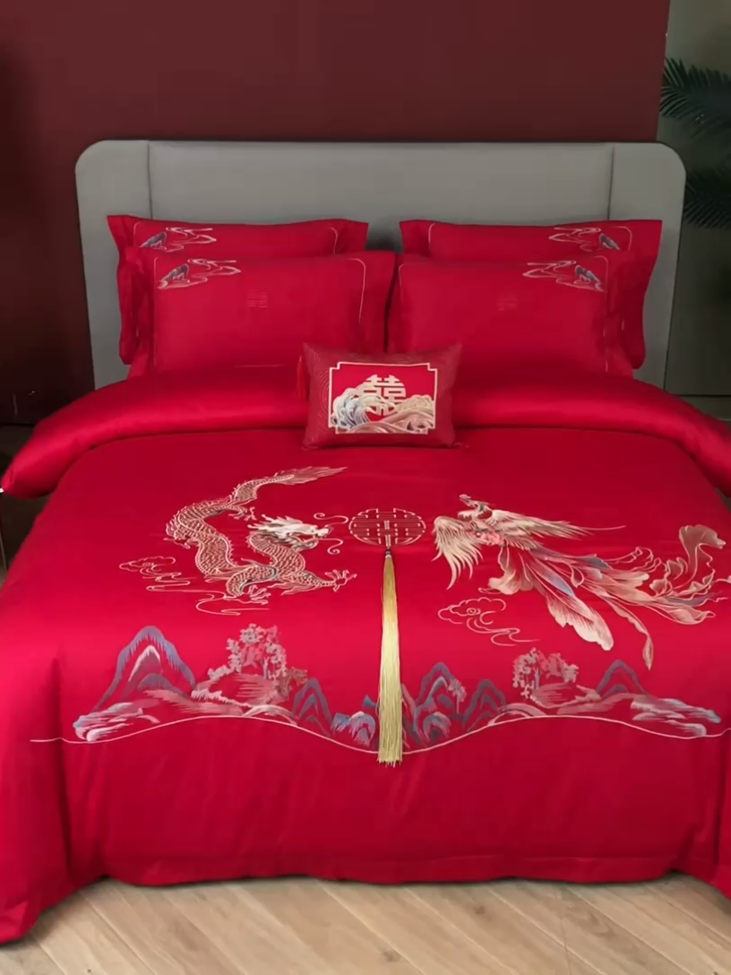 91家纺网 家纺一手货源 找家纺 晶缦家纺 2025新款喷气全棉13376婚庆绣花四件套 龙凤传玺