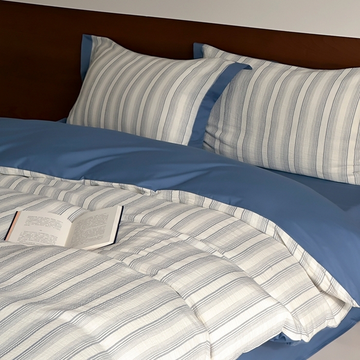 91家纺网 家纺一手货源 找家纺 旷野2025新款全棉纯棉A类婴幼儿级双层纱皱皱纱四件套 理想三旬-蓝