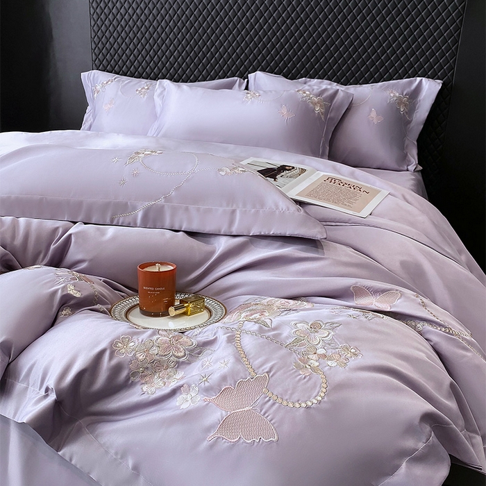 91家纺网 家纺一手货源 找家纺 优悦 2025新款冰丝简奢绣花四件套 雅韵佳人-紫