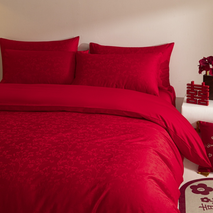 91家纺网 家纺一手货源 找家纺 琪格格纺织 2025新款纯棉婚庆四件套结婚用品提花简约婚庆 叶满良缘